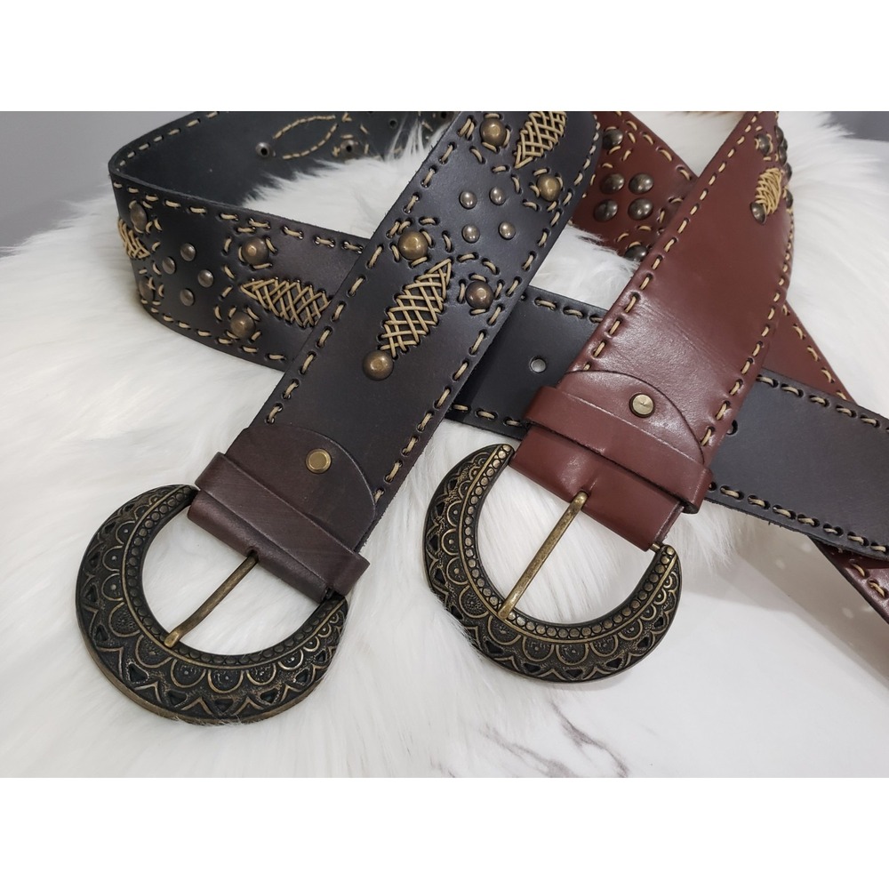 LOT 2 Brown Leather Belt Star Studded Italy Vintage Belt Boho Western Chunky‎